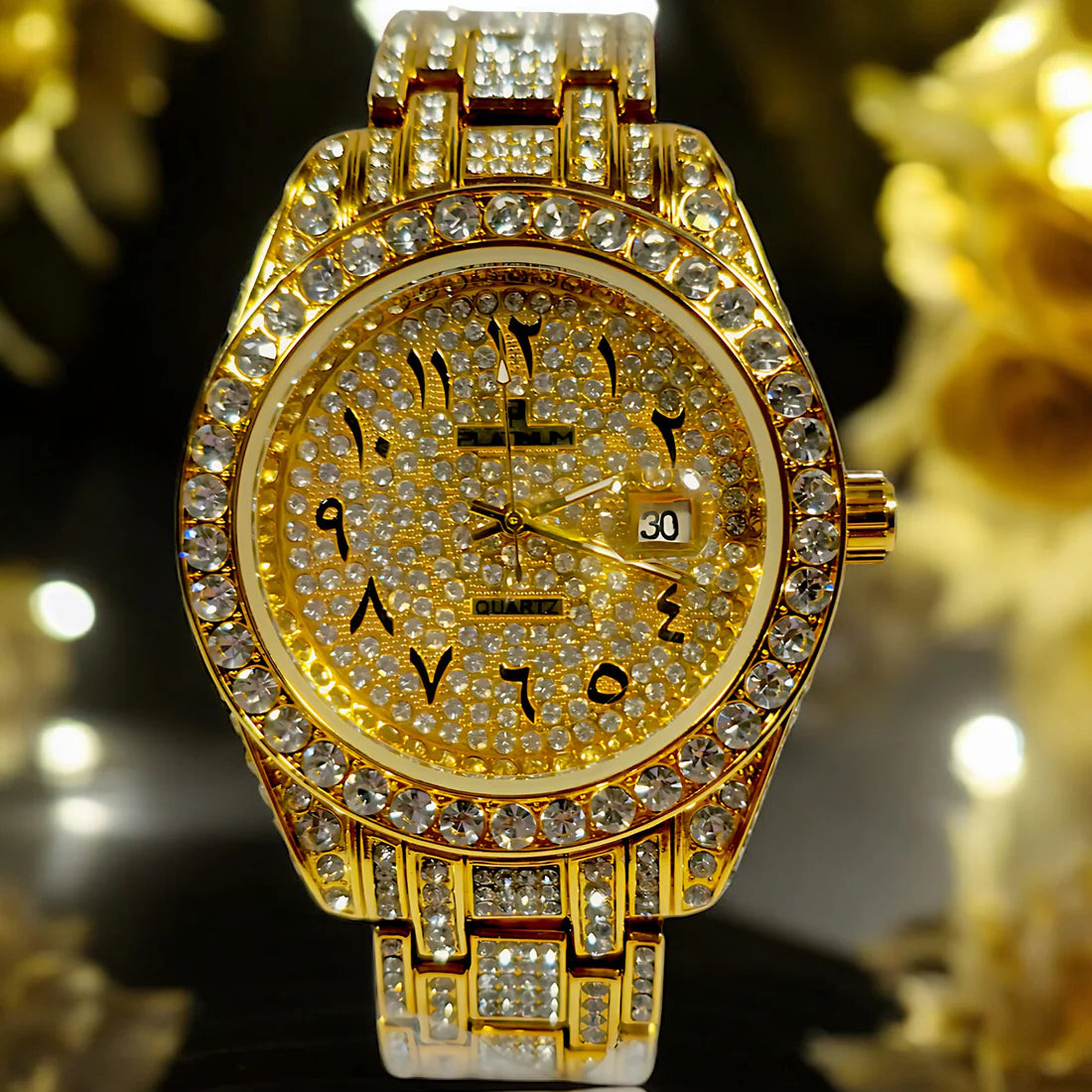 Luxury Gold-Plated Diamond Watch with Arabic Numerals - Royal Mirage