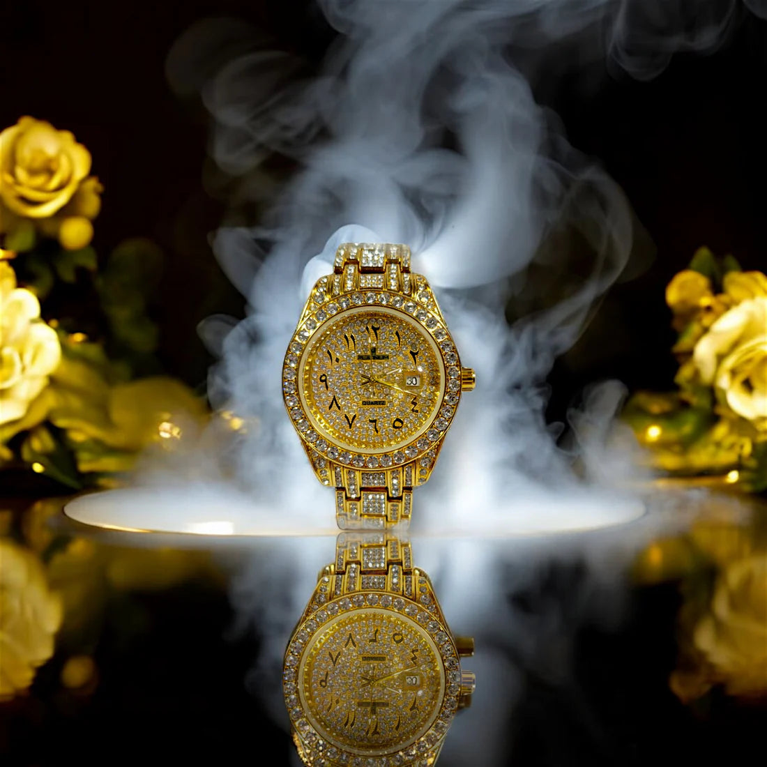 Luxury Gold-Plated Diamond Watch with Arabic Numerals - Royal Mirage