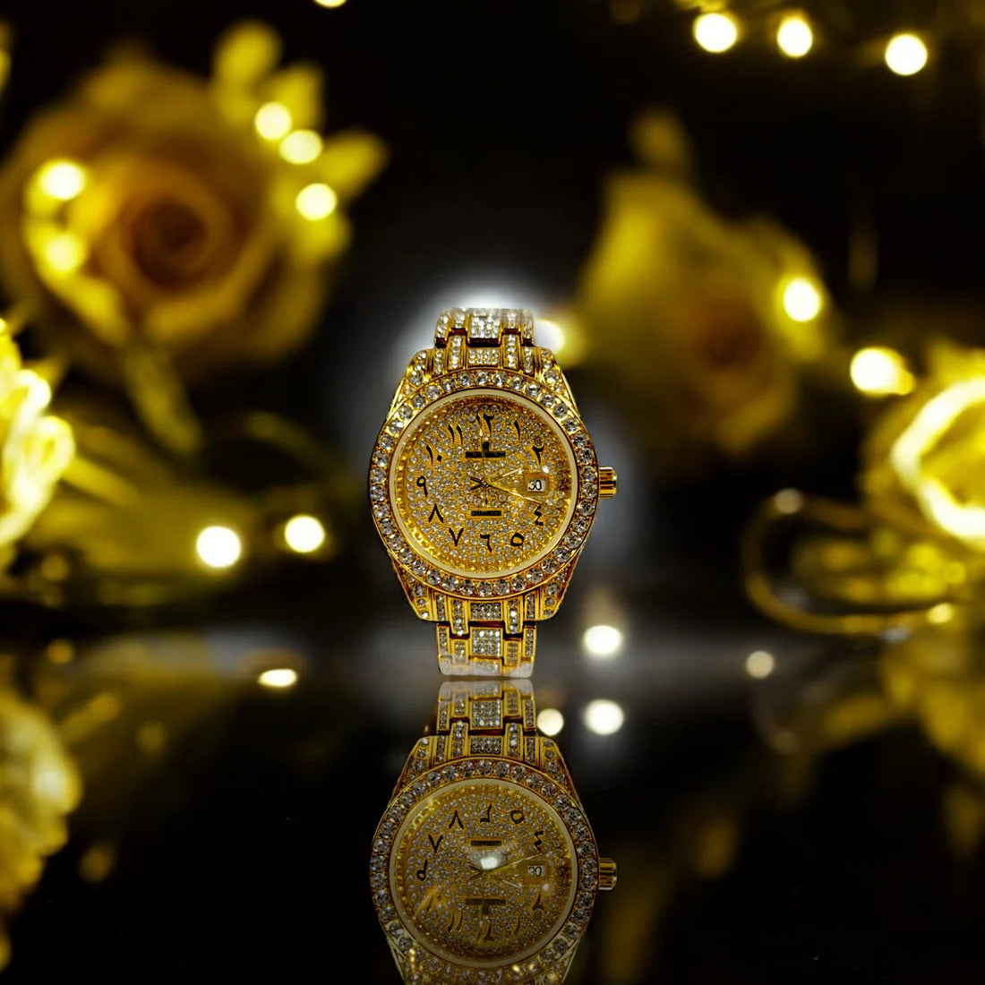 Luxury Gold-Plated Diamond Watch with Arabic Numerals - Royal Mirage