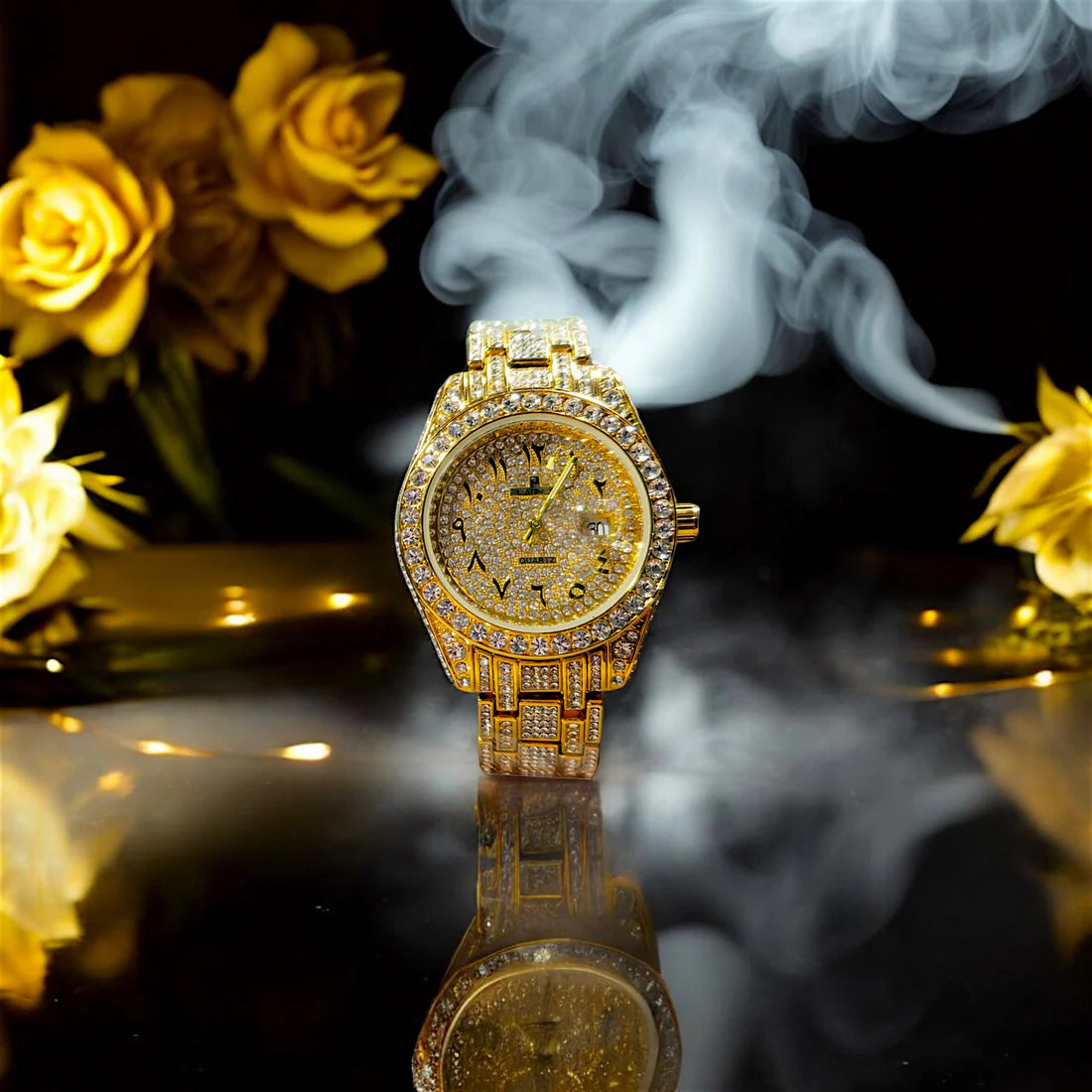 Luxury Gold-Plated Diamond Watch with Arabic Numerals - Royal Mirage